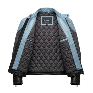 Veste en cuir pour homme sur mesure OEM, bleu clair, gris, noir, tricolore, style motard, en cuir de vachette, vente en gros, fournisseur d'usine - Product Image 5