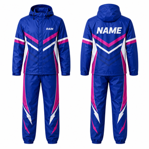 MEGAMAPLE Rain Unisex Hooded <b>Waterproof</b> Sporty Tracksuit Blue <b>Pink</b> White Color Blocking Print PU Coated Zipper Closure Summer - Product Image 1