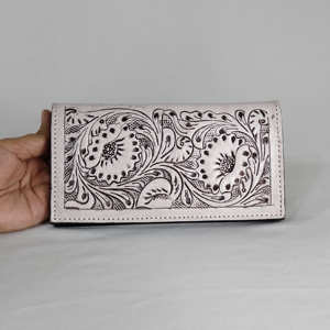 High Quality Hand Tooling Carving Bifold Genuine <b>Leather</b> Floral Hand Tooled Design Unisex Multiuse Snap Closure Wallet - Product Image 2