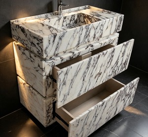 Meuble-lavabo de salle de bain moderne en marbre, vasque rectangulaire en pierre, sur pied avec tiroirs, finition polie, design contemporain - Product Image 1
