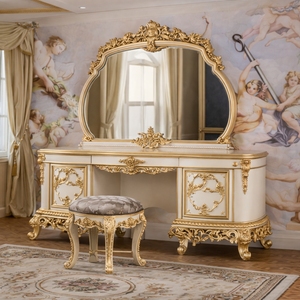 Ensemble de chambre d'hôtel de luxe classique européen antique français en acajou massif sculpté couleur crème, comprenant des tables de chevet avec rangement et un coiffeuse - Product Image 3