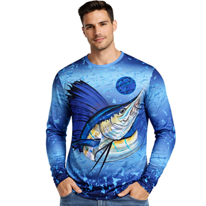 Maillot de pêche bleu pour homme à manches longues, pull de performance, personnalisation par sublimation, protection UV UPF 50, séchage rapide, OEM ODM 100% - Product Image 1