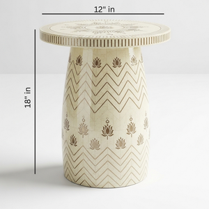 Table d'appoint ronde de luxe en MDF, motif lotus et chevron, incrustation Meena, faite à la main, tabouret d'appoint haut de gamme, vente en gros - Product Image 2