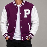 Veste varsity pour homme, veste varsity pour homme de couleur violette et blanche avec la lettre P, style preppy, boutons sur le devant, coupe classique, vêtement d'automne pour homme.