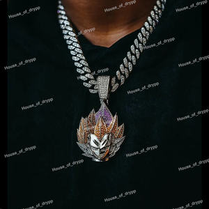 Collar con Colgante de Rostro de Guerrero de Anime, Plateado con Incrustaciones de Diamantes Moissanite Multicolores, Estilo Hip Hop - Product Image 2