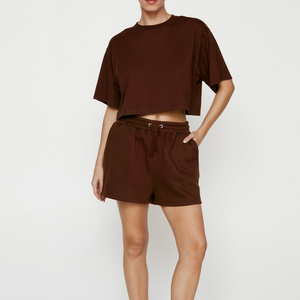 Conjunto de 2 Piezas para Mujer, Top Corto y Pantalones Cortos, Color Sólido, Tejido de Algodón, Casual, Holgado, Cómodo, con Bolsillos, Largo hasta la Rodilla, Ropa de Verano - Product Image 2