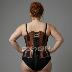 Corsé de cuero marrón para mujeres con curvas, con detalles de malla negra. |   Faja Reductora de Cintura Estilo Gótico Steampunk - Product Image 4