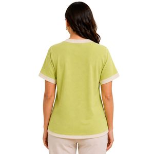 T-shirt décontracté vert lime beige pour femme à col en V et manches courtes, broderie étoile, bordure contrastante, personnalisable, vente en gros, vêtements de mode - Product Image 2