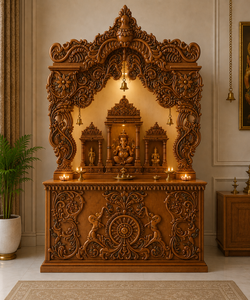 Temple domestique hindou de luxe avec sculptures d'éléphants sur la base, Pooja Mandir royal en bois doré avec piliers sculptés en forme d'éléphant pour les maisons américaines - Product Image 4