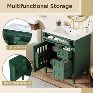 Mobile bagno moderno da 30 pollici con lavabo singolo integrato e 2 cassetti, elegante mobiletto contenitore a 2 ante con cassetto a ribalta - Product Image 5