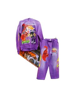 Custom All over Screen Printed Sweat Suit Jogger Pullover Hoodie y Flare Stacked Sweat Pants Acid Wash Chándal Set - Product Image 1