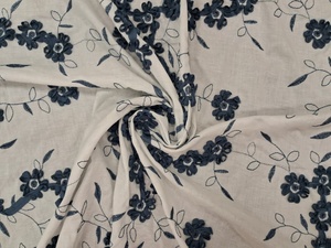 Bulk Supply Botanical Embroidered Cotton Textile Featuring <b>Navy</b> Ribbon Taped Blossoms and Dark Winding Stems for Fashion - Product Image 2