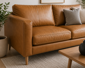 Sofá de Cuero Estilo Escandinavo de 3 Plazas con Estructura de Madera Sólida, Muebles de Sala de Estar Premium, Sofá Moderno de Mediados de Siglo - Product Image 3