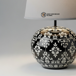 Luxury <b>Black</b> Bone Inlay <b>Table</b> Lantern with Floral Pattern Handcrafted Decorative <b>Bedside</b> Lamp with Fabric Shade for Home - Product Image 3