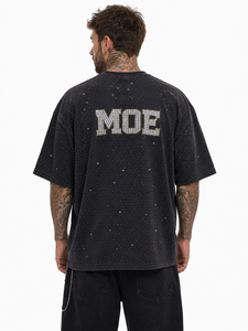 T-shirt Homme Streetwear Y2K Esthétique avec Logo Frontal Strass Scintillants, Lavage Vintage, Tissu Épais, OEM Hip Hop Bling, Effet Délavé à l'Acide - Product Image 2