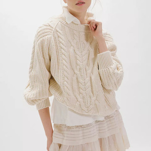 Nouveauté : Pull en tricot torsadé pour femme, manches bouffantes, col rond, laine épaisse, pull décontracté d'hiver, tricoté à la main - Product Image 1
