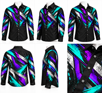 Kemeja Pria Lengan Panjang Hitam Kancing Depan Motif Grafis Ungu Teal Abstrak Modern Kasual Bahan Katun 100% Bernapas Modis