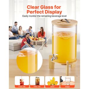 Distributeur de boissons de 2,2 gallons avec robinet en acier inoxydable, distributeur de jus en verre sur support en bois pour les fêtes, pour tour à bière - Product Image 4