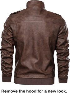 Men Brown PU Leather Moto <b>Biker</b> <b>Jacket</b> Hooded Zipper Front Solid Color Autumn Slim Fit Regular Sleeve - Product Image 3