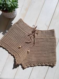 Women's High Waist Knitted Shorts Skirt Solid Color Bohemian Style <b>Drawstring</b> Closure Breathable Cotton Fabric Regular Fit - Product Image 2