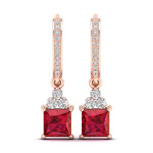 REYES Pendientes Colgantes de Oro Rosa Sólido de 14K, 18K, 22K con Gema de Rubí de 3 Quilates Corte Princesa y Moissanita para Mujer - Product Image 2