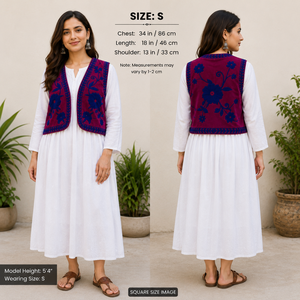 Chaleco Suzani Kantha de terciopelo con bordado floral vintage, recién llegado, chaqueta corta india para mujer con logo frontal. - Product Image 2