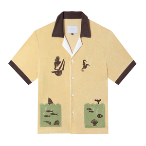 Chemise Hawaïenne Homme Manches Courtes Col Rabattu Broderie Sirène Hippocampe Poche Design Tenue Vacances d'Été 100% Coton - Product Image 6