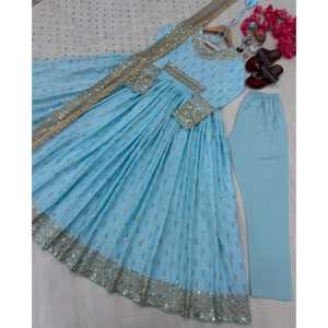 Magnifique robe en mousseline de soie avec broderie de sequins, taille 2XL, manches trois quarts, dupatta et bas assortis offerts - Product Image 1