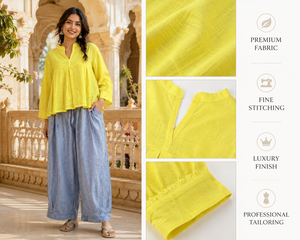 Haut d'été bohème jaune vif pour femmes |   Lin/coton respirant de qualité supérieure, design plissé élégant, service ODM, confortable et chic - Product Image 3