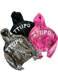 2026 New Fashion Custom Distress Embroidery Zip Hoodies Vintage Black Acid Wash Solid Polyester/Cotton Oversized Men - Product Image 1