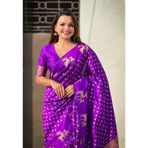 Elite Weaves Purple Soft Silk Dual Zari Woven Saree with Deer Border Elegant <b>Club</b> <b>Dresses</b> - Product Image 3
