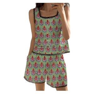 Pijama de algodón para mujer con estampado floral y encaje, conjunto de pantalón corto sin mangas para primavera/verano, estampado a mano - Product Image 3