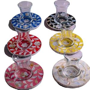 Posavasos de madreperla redondos hechos a mano con juego de plato de té y café para comedor elegante de estilo árabe y uso de regalo de Ramadán - Product Image 1