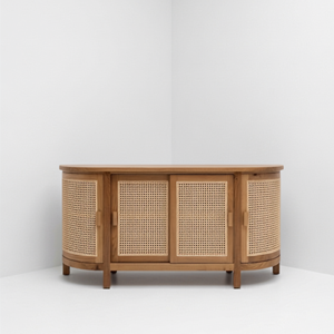 Aparador de Madera de Teca con Mimbre, Mueble de Almacenamiento de 4 Puertas, Aparador con Puerta Corredera para Sala de Estar Moderna, Cómoda Ovalada Curva - Product Image 1