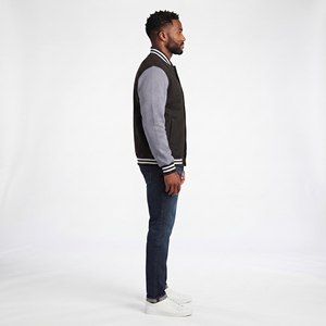 Custom <b>Black</b> and Grey <b>Fleece</b> Varsity <b>Jacket</b> KVJ121 Embroidered Chenille Patches Collarless Design for <b>Men</b> and Women - Product Image 3