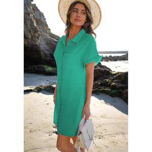 2025 Vestido camisero de algodón con botones de verano para mujer, cubierta de playa con mangas informales con volantes y bolsillos, diseño estampado - Product Image 1