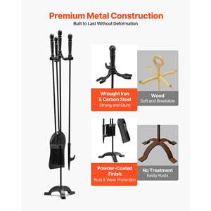 4 PCS Black Wrought Iron <b>Fireplace</b> Tool <b>Set</b> Three-Prong Stand Ash Shovel Fire Place Poker Indoor/Outdoor Campfire <b>Accessories</b> - Product Image 3