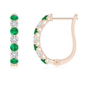 Aros Clásicos de Oro Sólido de 14 Quilates con Esmeralda y Diamantes de Corte Brillante Redondo en Engaste de Garra, Joyería para Mujer - Product Image 2