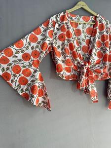 Top Corto Tipo Wrap con Estampado Floral de Algodón Indio, Hecho a Mano, Estilo Bohemio, Ropa Casual de Verano para Mujer, Talla Única - Product Image 4