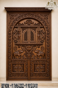 Puerta de Madera de Teca Hecha a Mano en India con Diseño Tradicional de Doble Campana para Sala de Pooja, Moderna y Profesional para el Hogar - Product Image 5