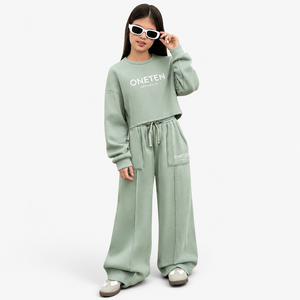 Light Green <b>Cropped</b> Sweatshirt & Wide Leg <b>Jogger</b> Pants Set Crew Neck Sleeveless Casual Tracksuit Drawstring Pockets 2 1 Fleece - Product Image 4