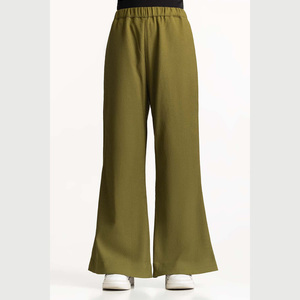Pantalon large à taille haute pour femme, couleur unie, tricoté, coupe ample, longueur complète, décontracté, vert olive - Product Image 6