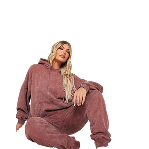 Conjunto de Sudadera con Capucha y Pantalones de Chándal Extra Grandes para Mujer, Ecológicos, Lavado Ácido, 100% Algodón, Estilo Vintage Informal - Product Image 1