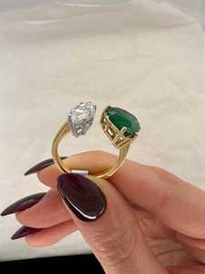 Elegante Anillo Toi et Moi de Dos Piedras con Esmeralda y Diamante para Mujer, Anillo Abierto con Esmeralda Corte Corazón y Diamante Marquise, Joyería Fina - Product Image 5