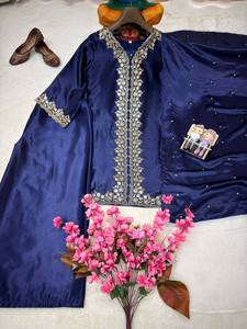 Blue Silk Kurta Palazzo Suit Embroidery Work <b>Indian</b> 3PCS Salwar Kameez <b>Top</b> Bottom Dupatta Winter Party Modest punjabi suits wome - Product Image 3