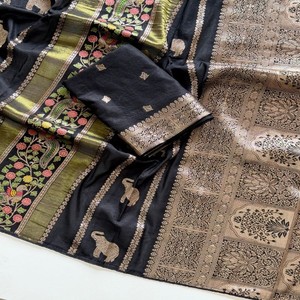 Sari VASTRA COTTAGE en viscose de Chine, tissé jacquard avec des broderies dorées Zari, motif Meenakari Paon et Éléphant Butta - Product Image 2
