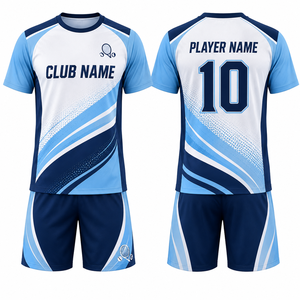 Kit de tennis personnalisé bleu et blanc, impression par sublimation, polyester à séchage rapide, unisexe, manches courtes, col rond, design sportif - Product Image 1