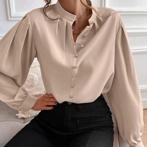 เสื้อเชิ้ตผ้าซาตินชีฟองสีพื้นสำหรับผู้หญิง สไตล์ออฟฟิศ คอปก สวยสง่า ขายส่งสำหรับฤดูใบไม้ผลิ - Product Image 4