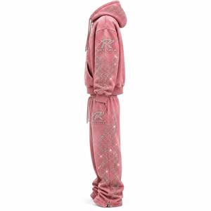 Unisex <b>Pink</b> Hooded Acid Wash <b>Tracksuit</b> <b>Set</b> Full Sleeve Rhinestone Logo Streetwear Drawstring Pants Regular Fit Winter Wear - Product Image 3