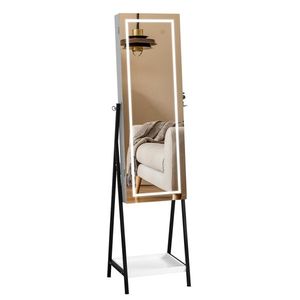 Specchio da terra in legno con 1 ripiano, illuminazione LED a 3 colori, 8 luci interne bianche, per gioielli e trucco - Product Image 4